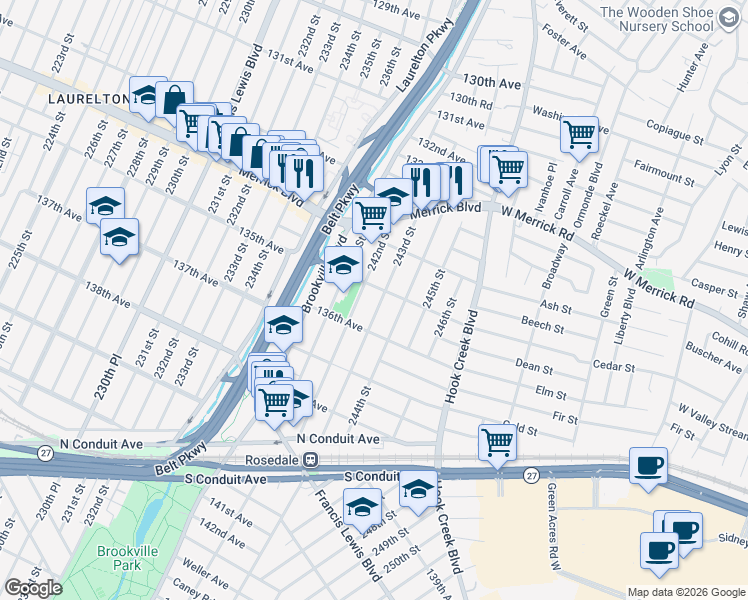 map of restaurants, bars, coffee shops, grocery stores, and more near 135-12 243rd Street in Queens