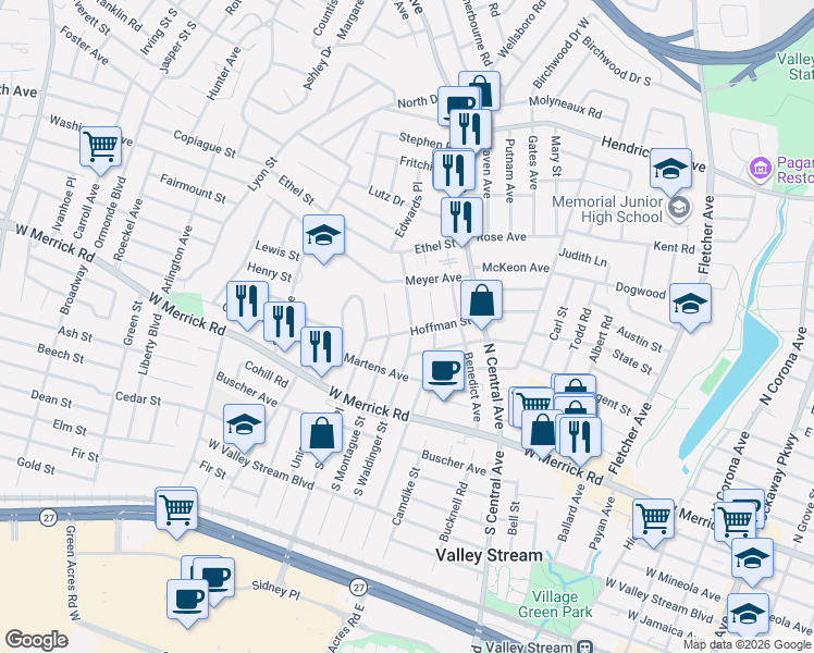 map of restaurants, bars, coffee shops, grocery stores, and more near 77 Hoffman Street in Valley Stream