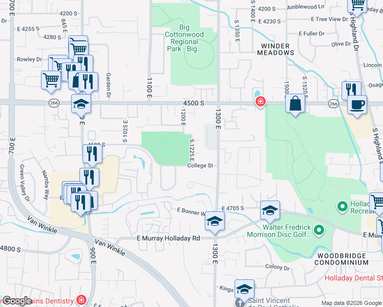 map of restaurants, bars, coffee shops, grocery stores, and more near 4594 South 1225 East in Millcreek