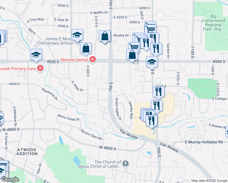 map of restaurants, bars, coffee shops, grocery stores, and more near 4586-4588 700 East in Salt Lake City
