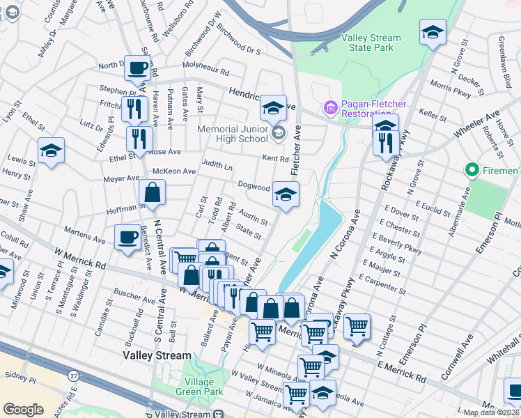 map of restaurants, bars, coffee shops, grocery stores, and more near 31 Austin Street in Valley Stream