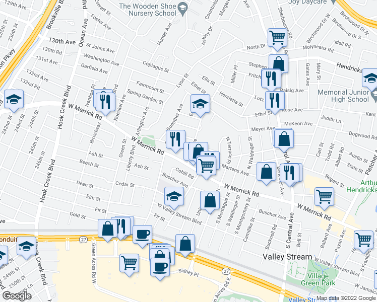 map of restaurants, bars, coffee shops, grocery stores, and more near 120 Casper Street in Valley Stream
