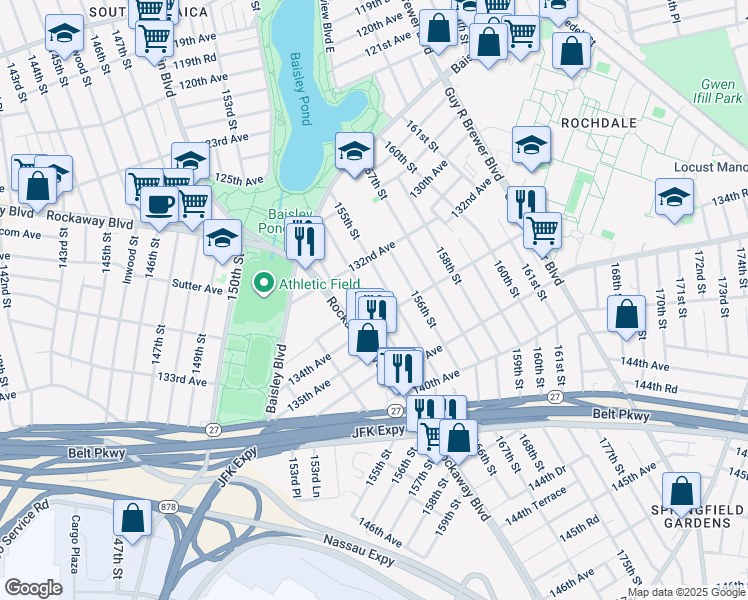map of restaurants, bars, coffee shops, grocery stores, and more near 154-09 134th Avenue in Queens