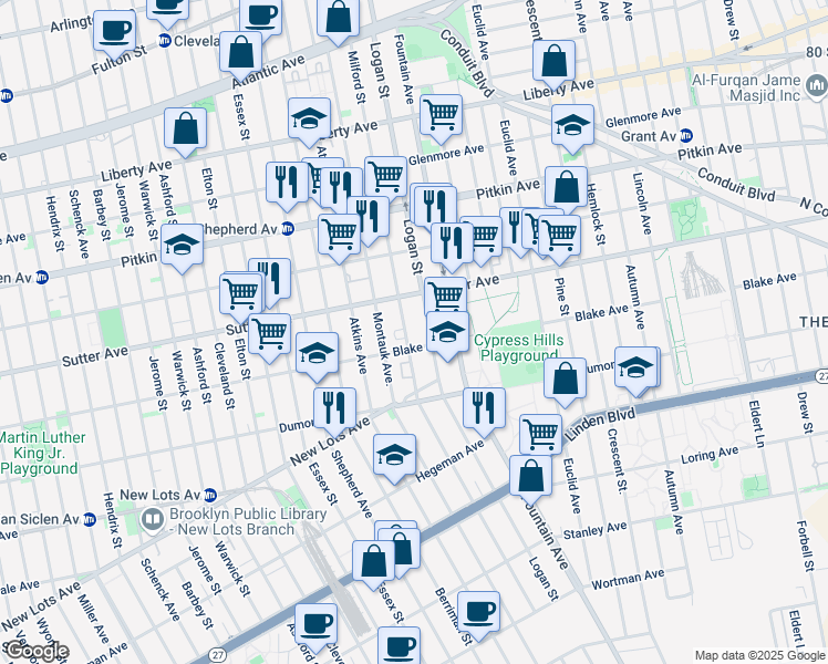 map of restaurants, bars, coffee shops, grocery stores, and more near 332 Milford Street in Brooklyn