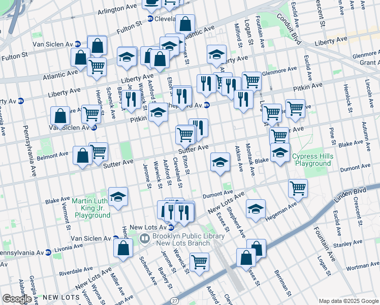 map of restaurants, bars, coffee shops, grocery stores, and more near 491 Elton Street in Brooklyn