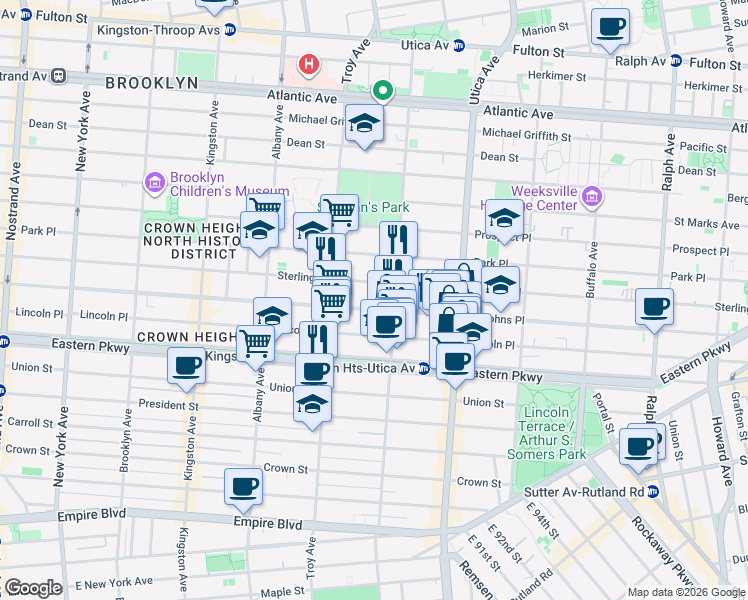 map of restaurants, bars, coffee shops, grocery stores, and more near 1311 Saint Johns Place in Brooklyn