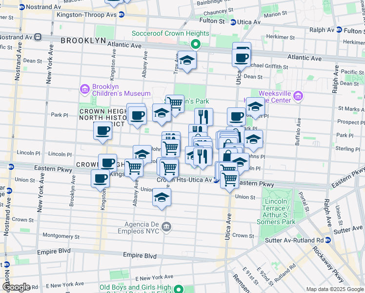 map of restaurants, bars, coffee shops, grocery stores, and more near 1311 Saint Johns Place in Brooklyn