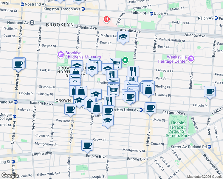 map of restaurants, bars, coffee shops, grocery stores, and more near 257 Troy Avenue in Brooklyn