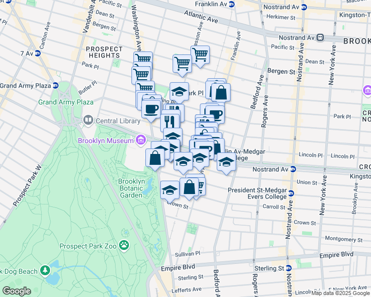 map of restaurants, bars, coffee shops, grocery stores, and more near 260 Eastern Parkway in Brooklyn