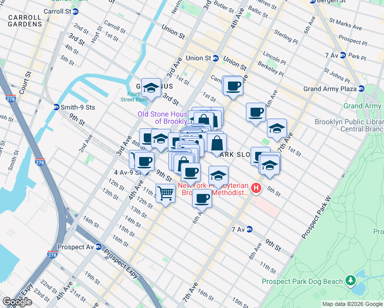 map of restaurants, bars, coffee shops, grocery stores, and more near 339 6th Street in Brooklyn