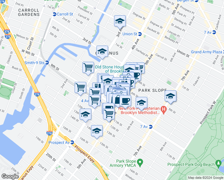 map of restaurants, bars, coffee shops, grocery stores, and more near 225 8th Street in Brooklyn