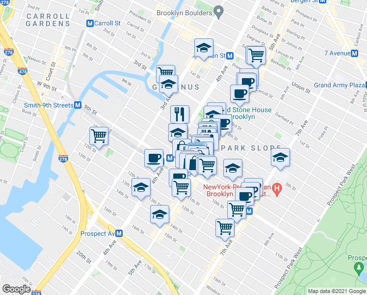 map of restaurants, bars, coffee shops, grocery stores, and more near 225 8th Street in Brooklyn
