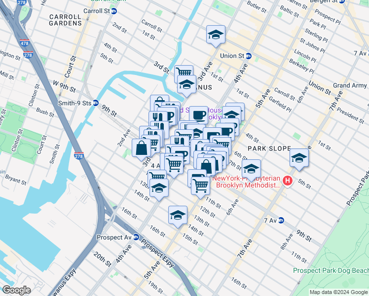 map of restaurants, bars, coffee shops, grocery stores, and more near 252 9th Street in Brooklyn