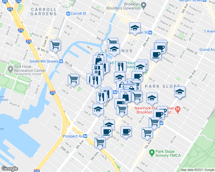 map of restaurants, bars, coffee shops, grocery stores, and more near 252 9th Street in Brooklyn
