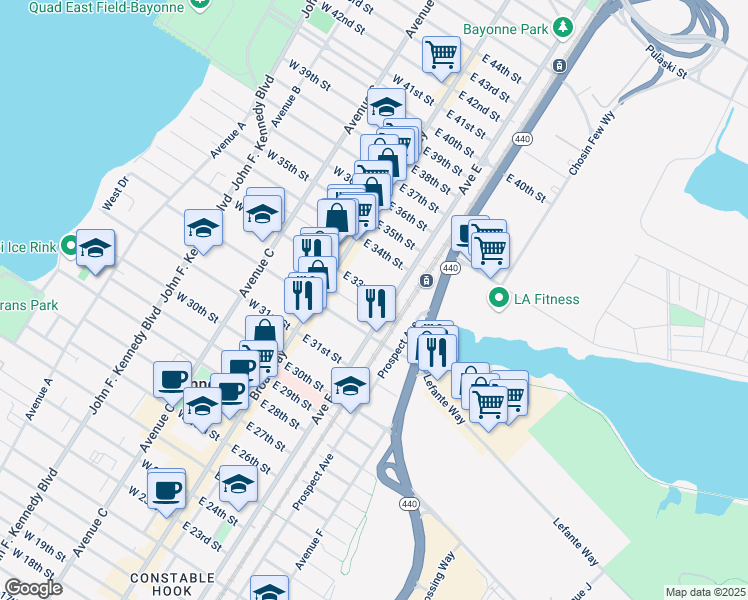 map of restaurants, bars, coffee shops, grocery stores, and more near 510 Avenue E in Bayonne