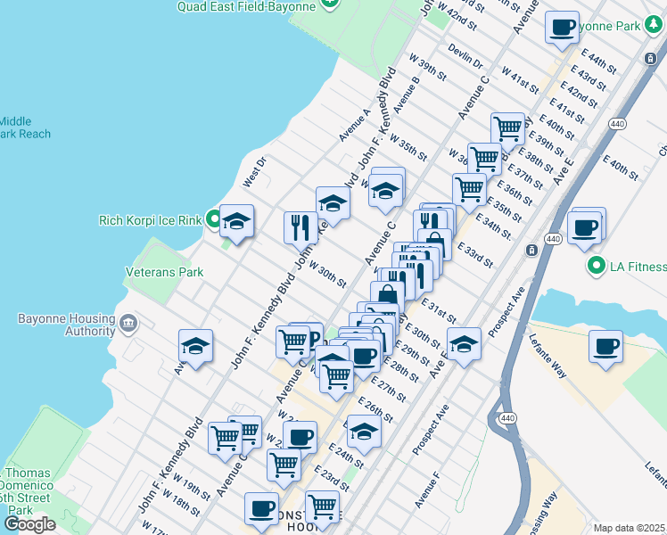 map of restaurants, bars, coffee shops, grocery stores, and more near in Bayonne