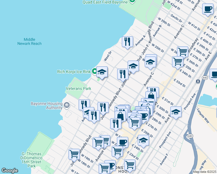 map of restaurants, bars, coffee shops, grocery stores, and more near 658 Avenue A in Bayonne
