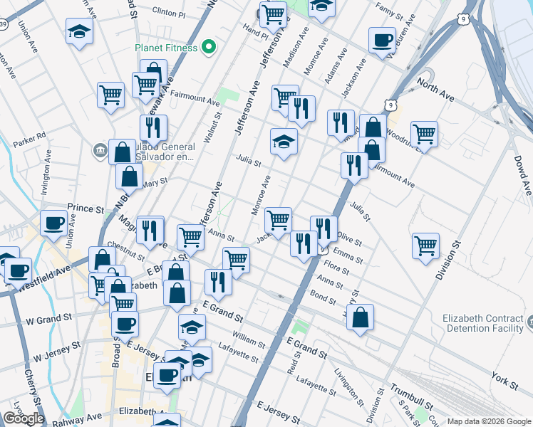map of restaurants, bars, coffee shops, grocery stores, and more near 475-477 Monroe Avenue in Elizabeth
