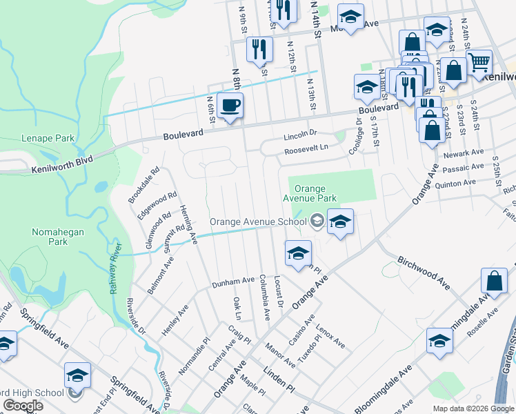 map of restaurants, bars, coffee shops, grocery stores, and more near 211 Columbia Avenue in Cranford