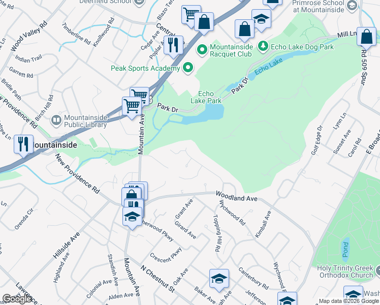 map of restaurants, bars, coffee shops, grocery stores, and more near 1130 Wychwood Road in Mountainside