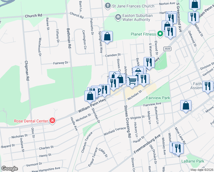 map of restaurants, bars, coffee shops, grocery stores, and more near 306 Stones Crossing Road in Palmer Township