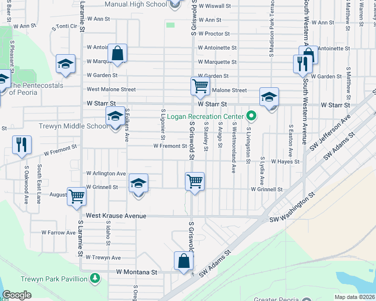 map of restaurants, bars, coffee shops, grocery stores, and more near 1558 South Griswold Street in Peoria