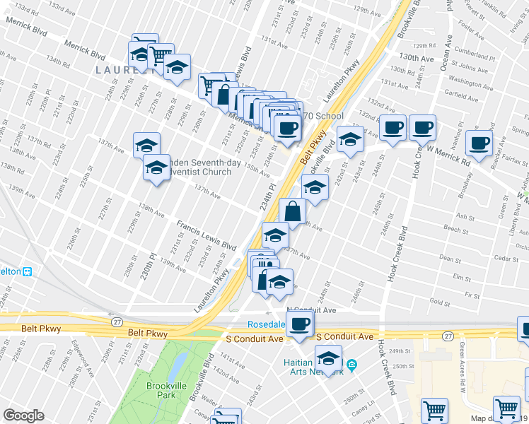 map of restaurants, bars, coffee shops, grocery stores, and more near 234-27 137th Avenue in Queens
