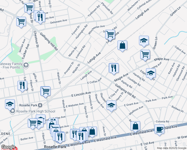 map of restaurants, bars, coffee shops, grocery stores, and more near 735 Woodland Avenue in Roselle Park