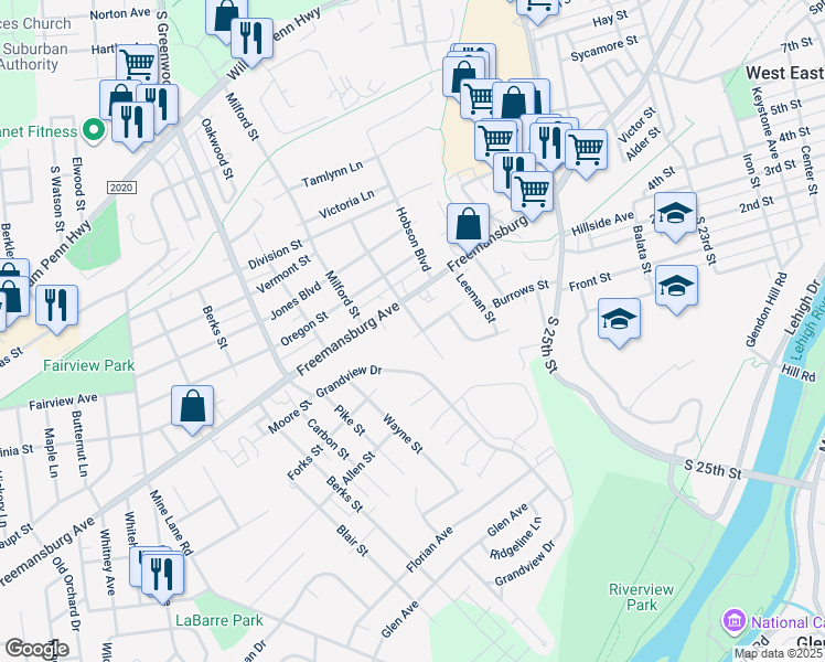 map of restaurants, bars, coffee shops, grocery stores, and more near 1125 Dunkle Street in Easton