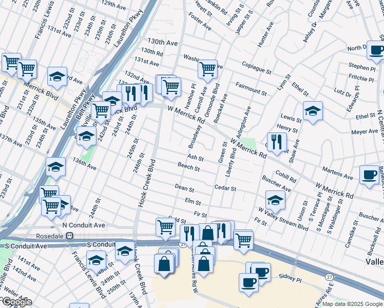 map of restaurants, bars, coffee shops, grocery stores, and more near 77 Broadway in Valley Stream
