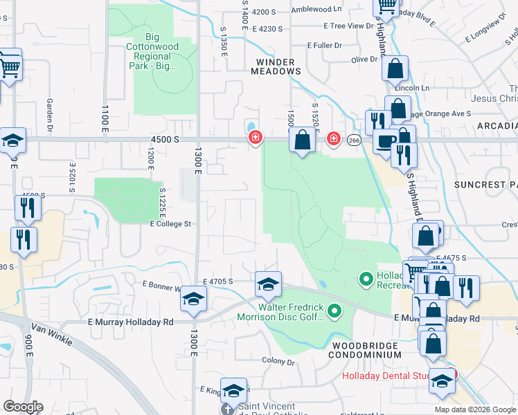 map of restaurants, bars, coffee shops, grocery stores, and more near 4587 South 1425 East in Millcreek