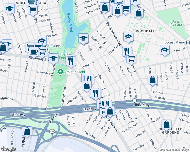 map of restaurants, bars, coffee shops, grocery stores, and more near 154-09 134th Avenue in Queens