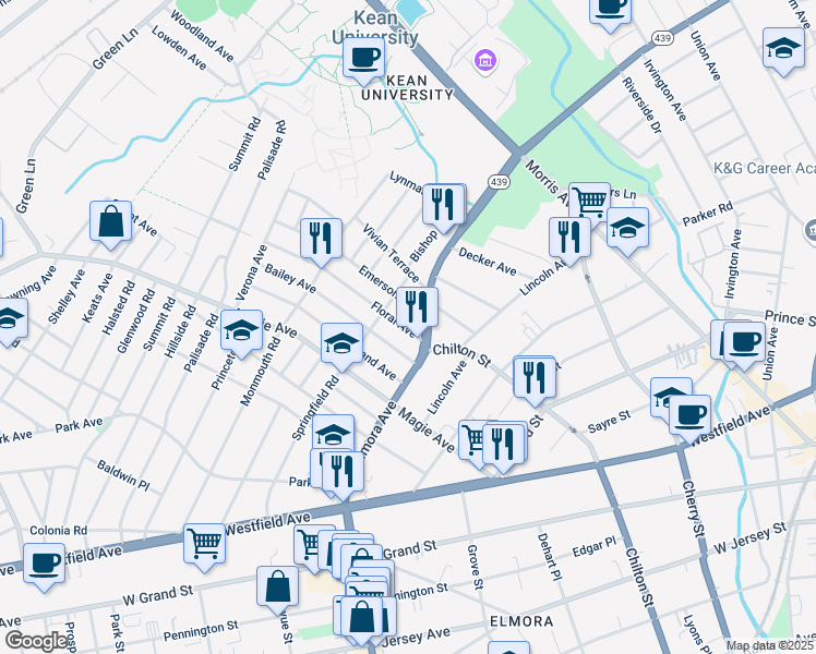map of restaurants, bars, coffee shops, grocery stores, and more near 618 Floral Avenue in Elizabeth