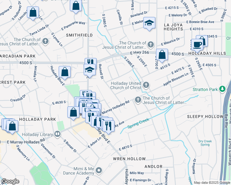 map of restaurants, bars, coffee shops, grocery stores, and more near 2499 East Keddington Lane in Holladay