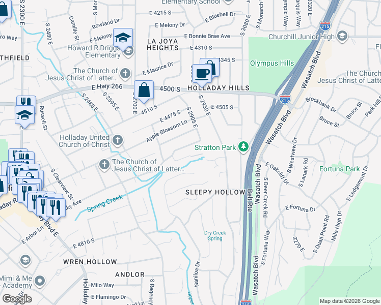 map of restaurants, bars, coffee shops, grocery stores, and more near 2895 Live Oak Circle in Holladay