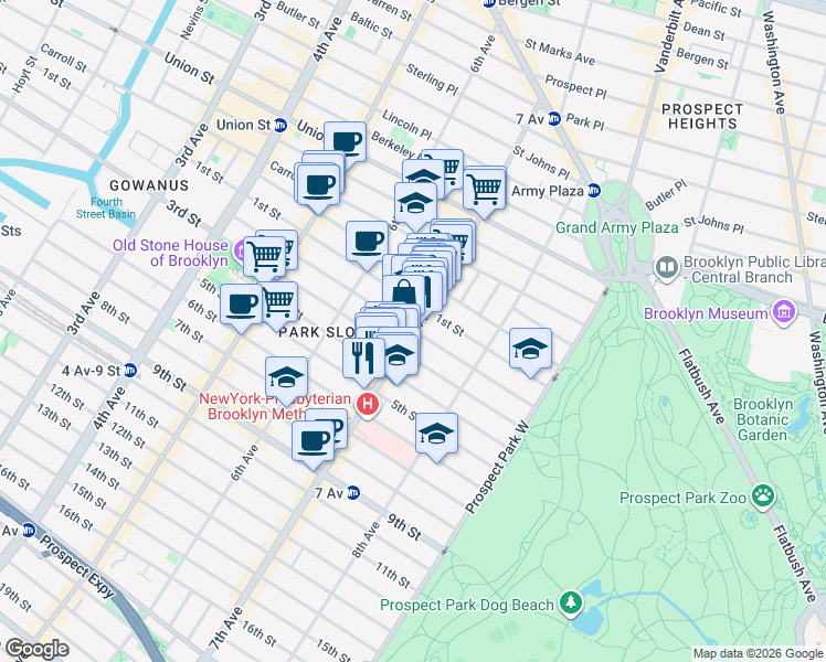 map of restaurants, bars, coffee shops, grocery stores, and more near 7th Ave & 2nd St in Brooklyn