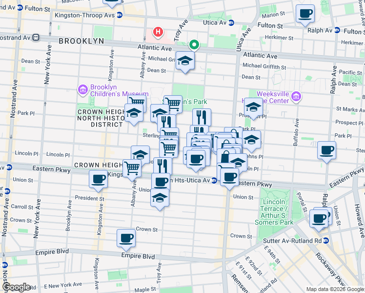 map of restaurants, bars, coffee shops, grocery stores, and more near 1311 Saint Johns Place in Brooklyn
