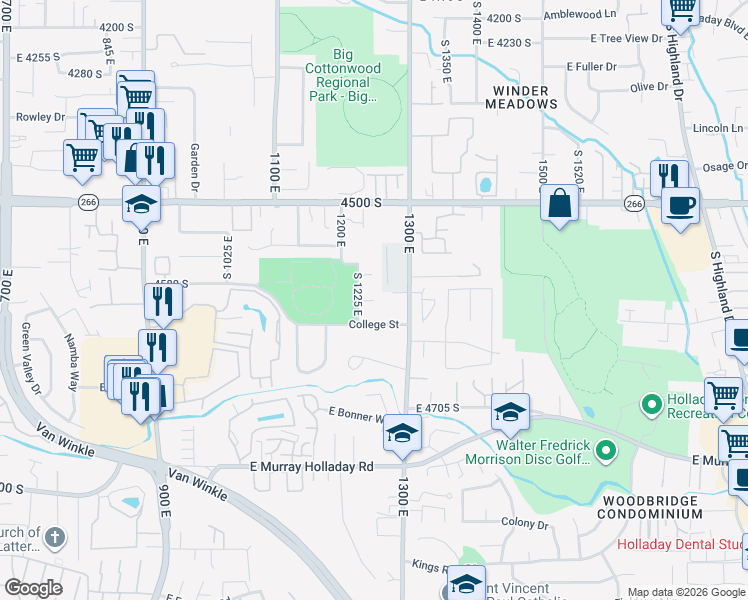 map of restaurants, bars, coffee shops, grocery stores, and more near Freshman Circle in Millcreek