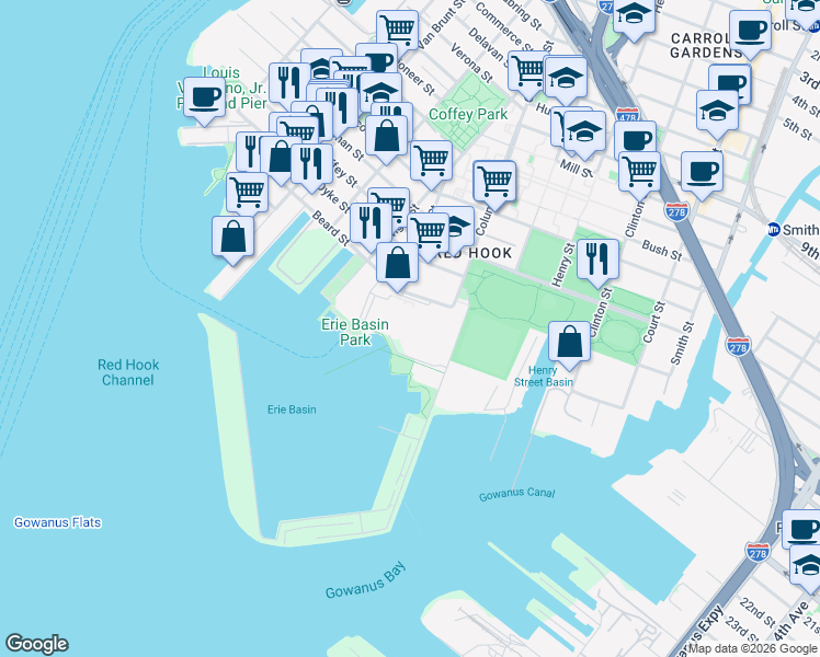 map of restaurants, bars, coffee shops, grocery stores, and more near 14 in Brooklyn