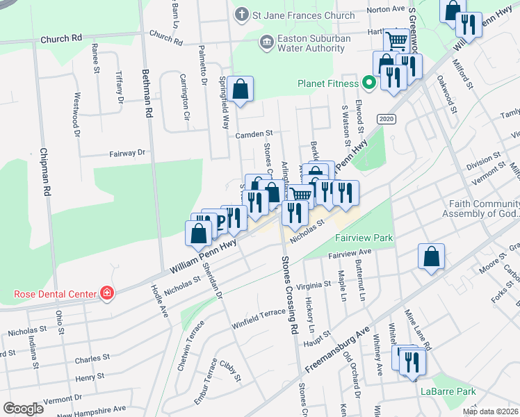 map of restaurants, bars, coffee shops, grocery stores, and more near 306 Stones Crossing Road in Palmer Township