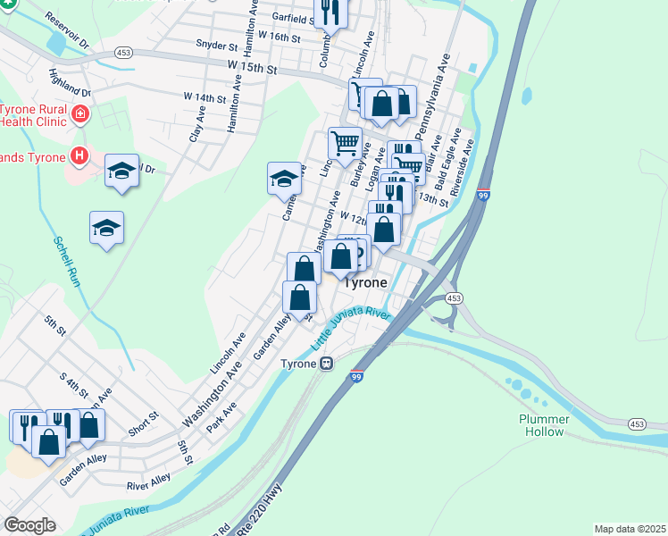 map of restaurants, bars, coffee shops, grocery stores, and more near 100 West 10th Street in Tyrone