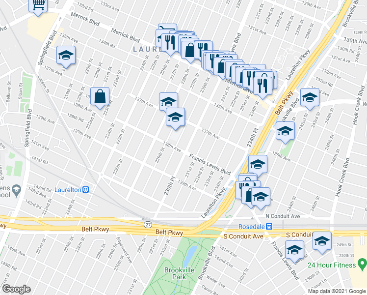 map of restaurants, bars, coffee shops, grocery stores, and more near 230-15 138th Avenue in Queens