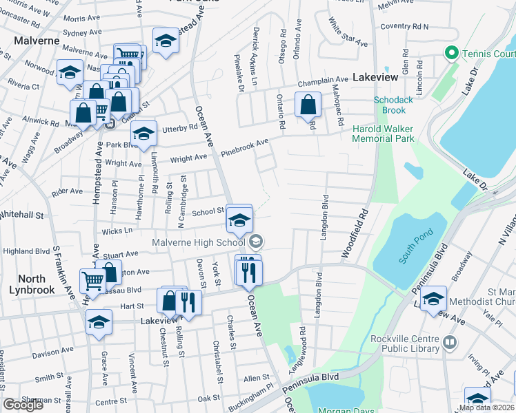 map of restaurants, bars, coffee shops, grocery stores, and more near 80 Ocean Avenue in Malverne