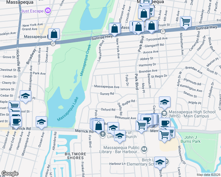 map of restaurants, bars, coffee shops, grocery stores, and more near 32 Massapequa Avenue in Massapequa Park