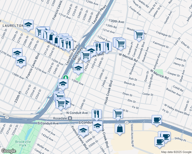 map of restaurants, bars, coffee shops, grocery stores, and more near 244-5 135th Avenue in Queens