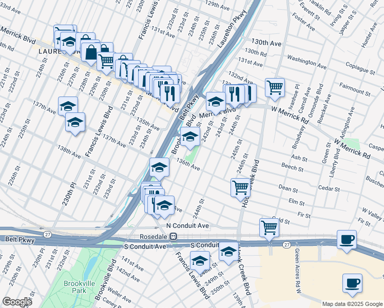 map of restaurants, bars, coffee shops, grocery stores, and more near 135-21 136th Avenue in Queens