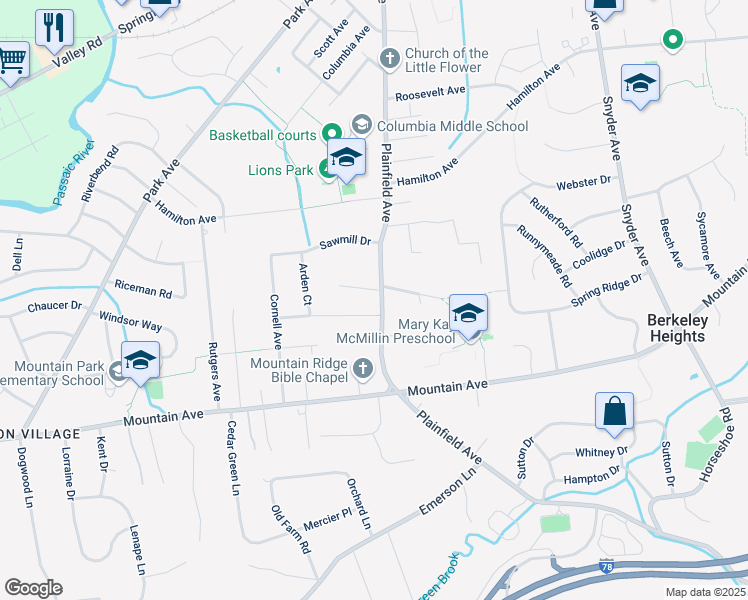 map of restaurants, bars, coffee shops, grocery stores, and more near 519 Plainfield Avenue in Berkeley Heights