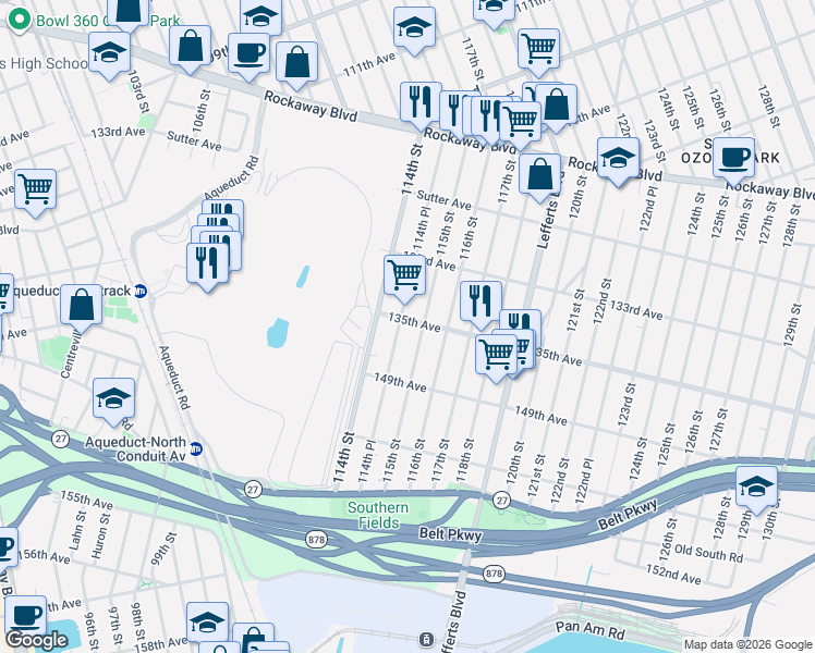 map of restaurants, bars, coffee shops, grocery stores, and more near 135-11 114th Place in Queens