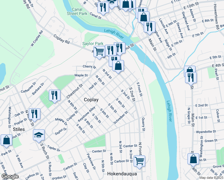 map of restaurants, bars, coffee shops, grocery stores, and more near 21 South 4th Street in Coplay