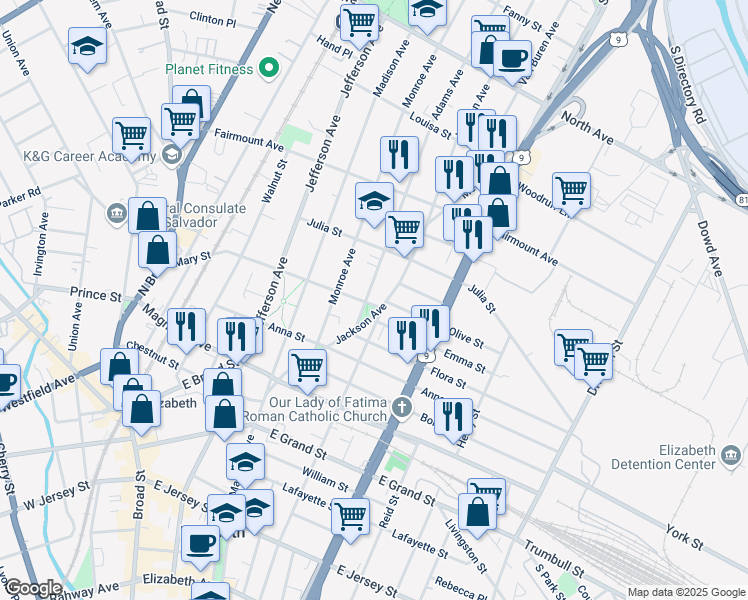 map of restaurants, bars, coffee shops, grocery stores, and more near 501 Adams Avenue in Elizabeth